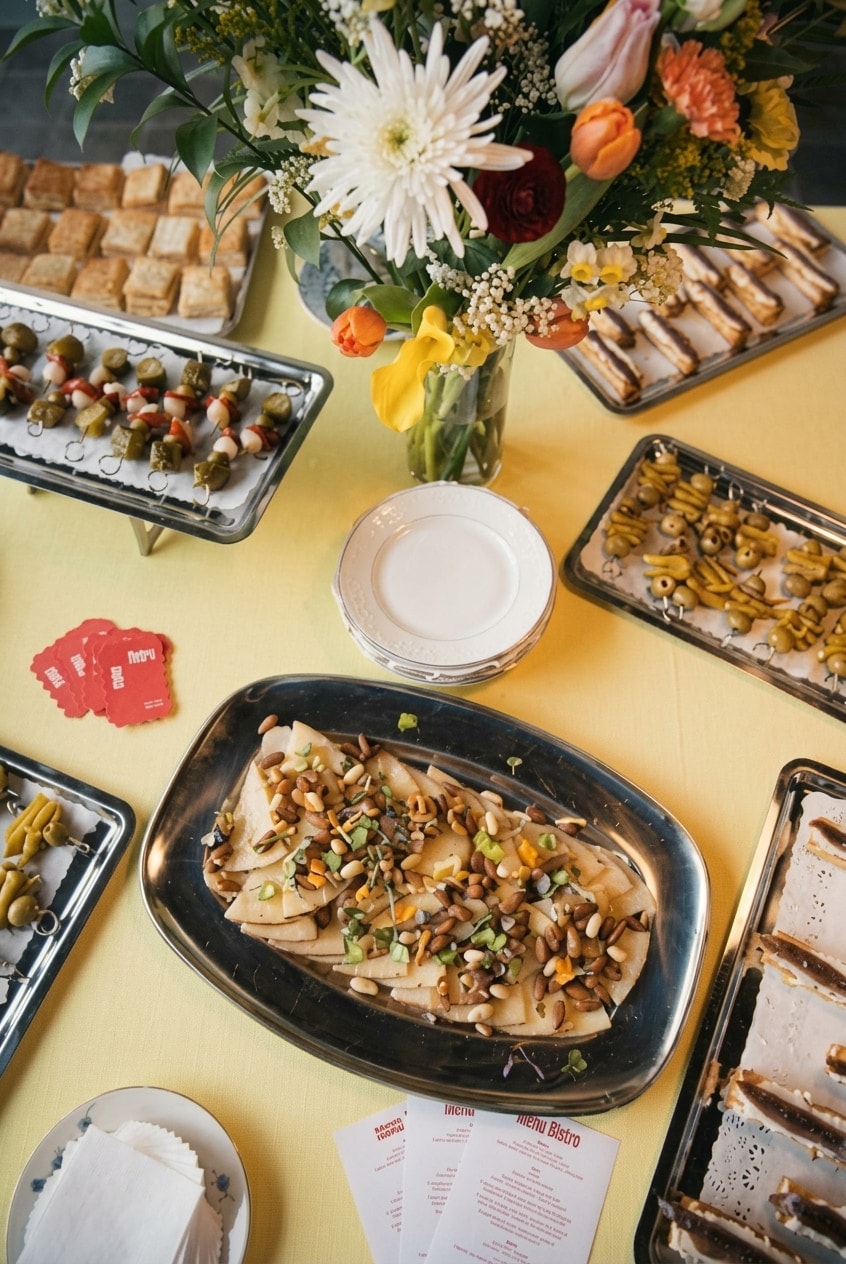 Mesa de banquete con tarta y vajilla de cerámica